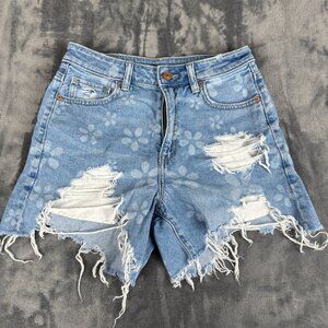 AE American Eagle Daisy Denim Highest Waist Baggy Short Size 2 Festival Distress